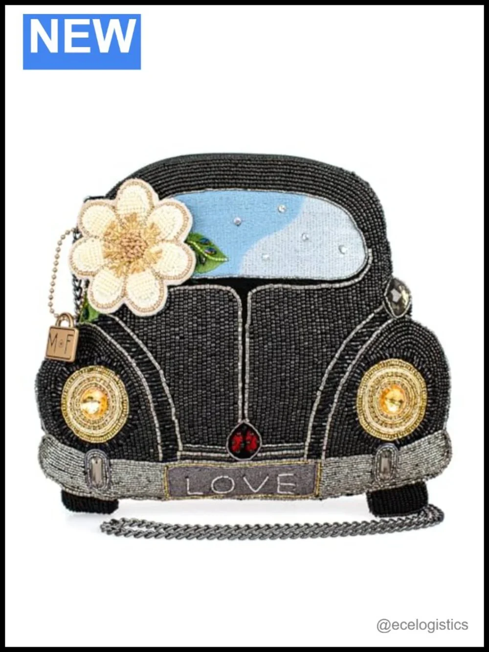 Crossbody Handbag Car-Shaped Beaded Vegan Leather with Flower and Rhinestones